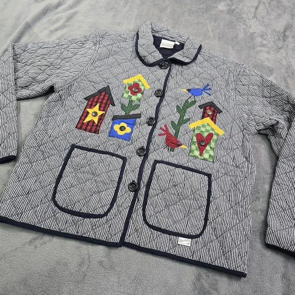 Vintage Folk Art Quilted Jacket Birdhouse Applique Gingham Large - Picture 11 of 14